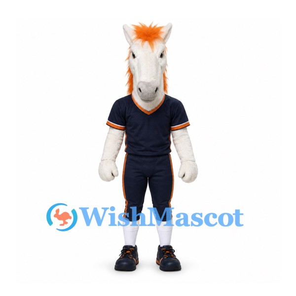 Horse Mascot Costume with Orange Mane and Navy Sports Uniform