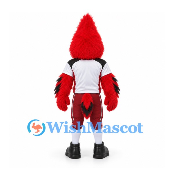 Cardinal Mascot Costume with Red Feathers and White Sports Shirt