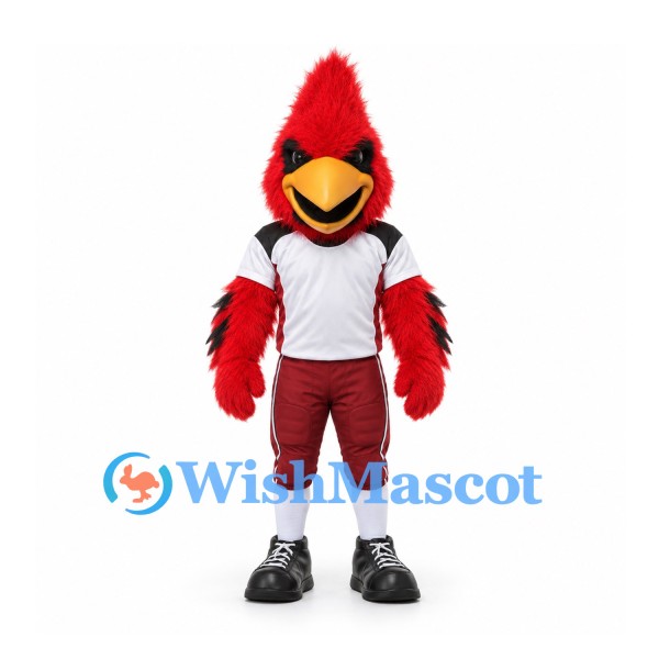 Cardinal Mascot Costume with Red Feathers and White Sports Shirt
