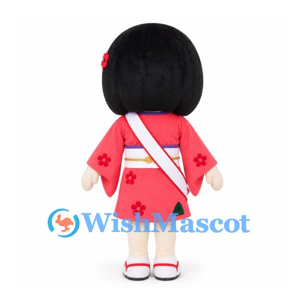 Girl Mascot Costume with Black Bob Hair and Pink Floral Kimono
