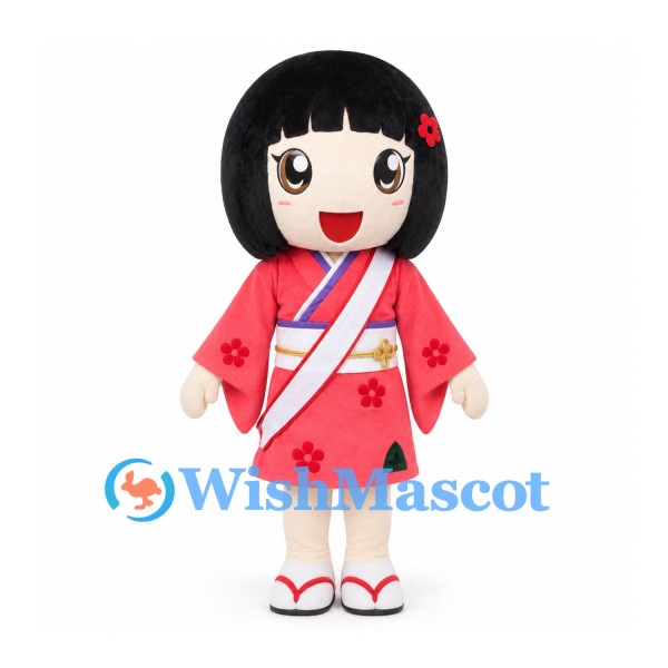 Girl Mascot Costume with Black Bob Hair and Pink Floral Kimono