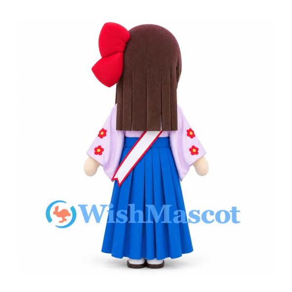 Girl Mascot Costume with White Floral Top and Blue Hakama Skirt