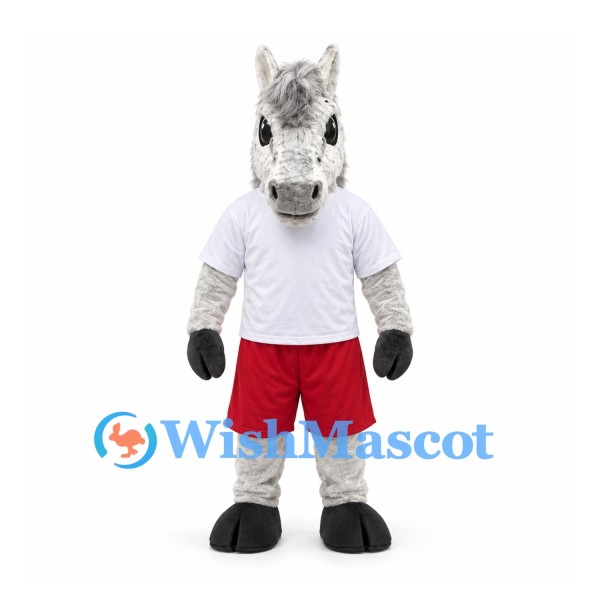 Donkey Mascot Costume in Gray with White Shirt and Red Shorts