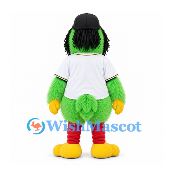 Parrot Mascot Costume in Green with White Baseball Shirt and Black Cap