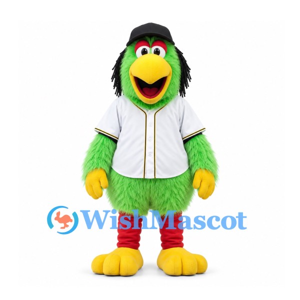 Parrot Mascot Costume in Green with White Baseball Shirt and Black Cap