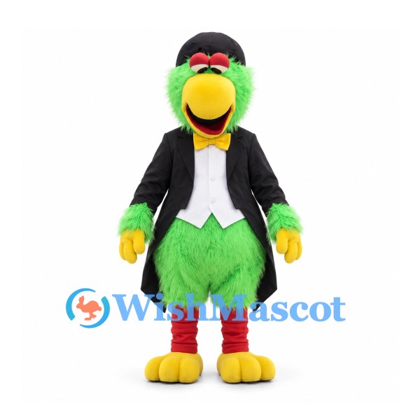 Parrot Mascot Costume in Green with Black Tuxedo Tailcoat