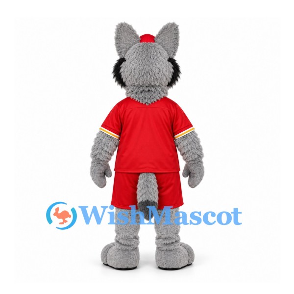 Wolf Mascot Costume in Gray with Red Sports Shirt and Shorts