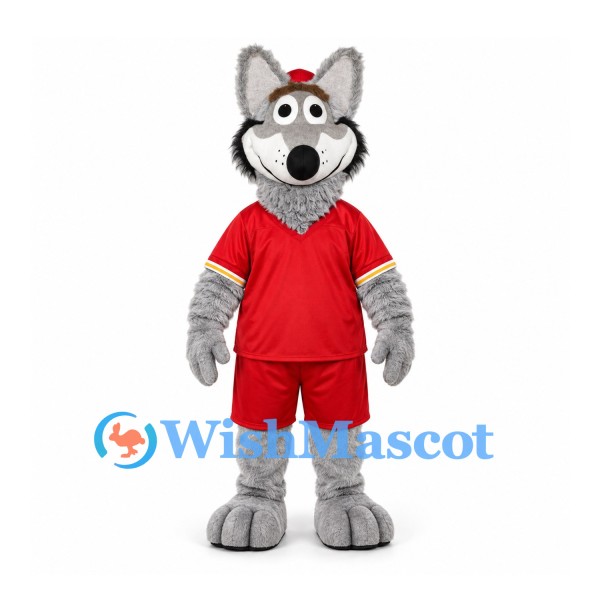 Wolf Mascot Costume in Gray with Red Sports Shirt and Shorts