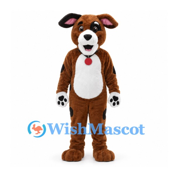 Dog Mascot Costume in Brown with White Belly and Red Collar