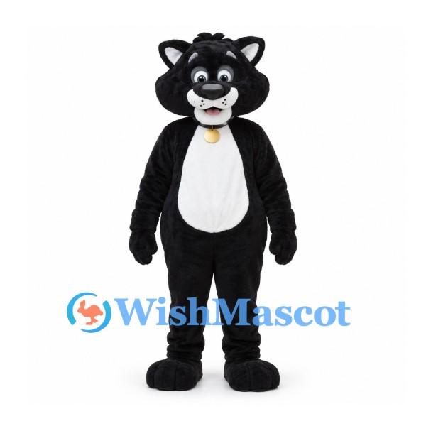 Cat Mascot Costume in Black with White Belly and Gold Collar Tag