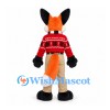 Fox Mascot Costume with Red Patterned Sweater and Beige Pants