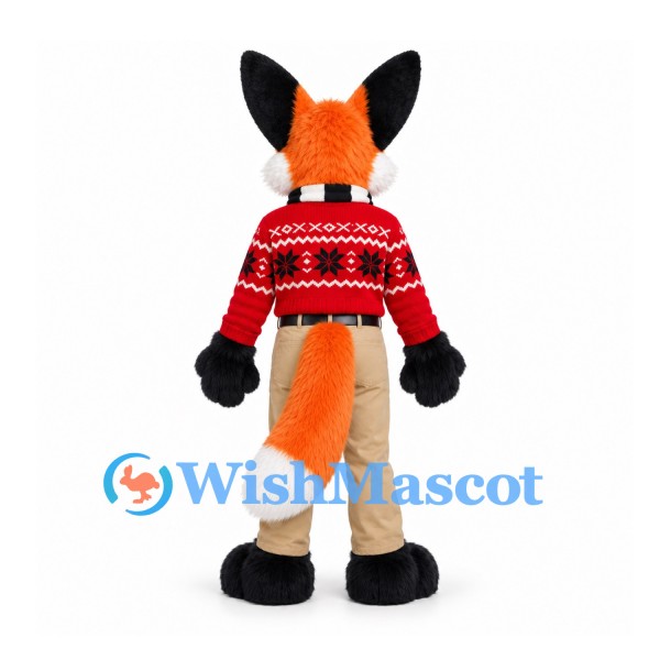 Fox Mascot Costume with Red Patterned Sweater and Beige Pants