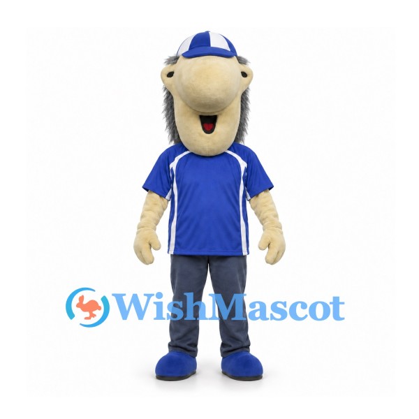 Hedgehog Mascot Costume with Blue Sports Shirt and Cap