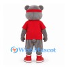 Bear Mascot Costume in Gray with Red Shirt and Blue Cap