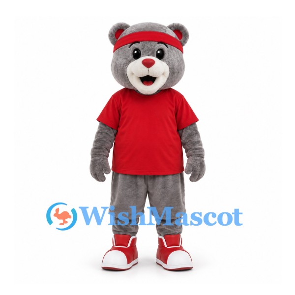 Bear Mascot Costume in Gray with Red Shirt and Blue Cap