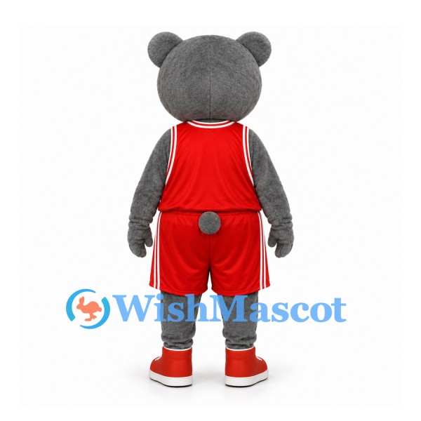 Bear Mascot Costume in Gray with Red Basketball Uniform