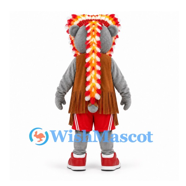 Bear Mascot Costume with Red Sports Uniform and Feather Headdress