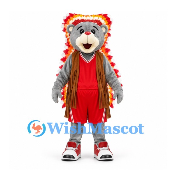 Bear Mascot Costume with Red Sports Uniform and Feather Headdress
