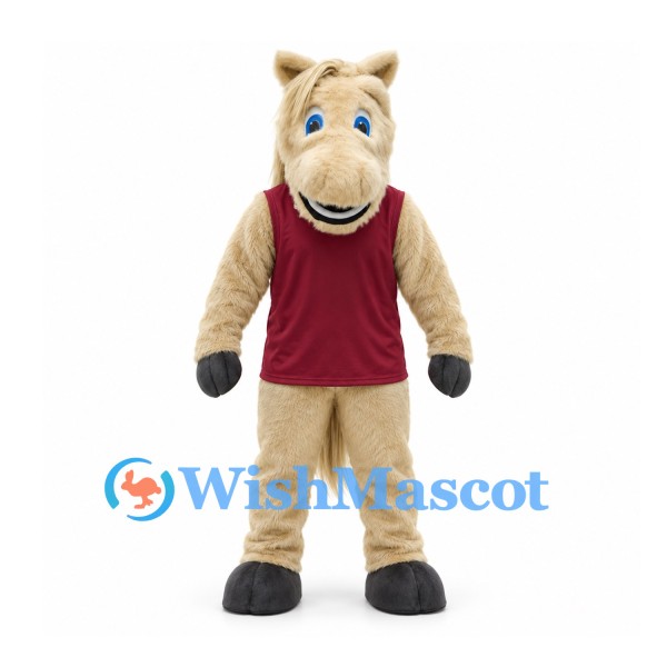 Horse Mascot Costume in Cream with Burgundy Sleeveless Shirt