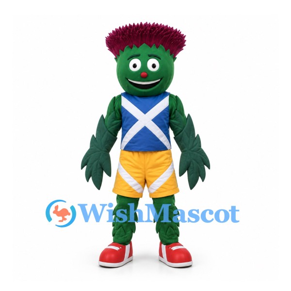 Thistle Mascot Costume with Blue Scottish Flag Sports Shirt