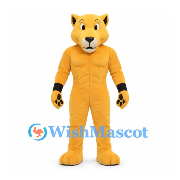 Lioness Mascot Costume with Muscular Gold Body and Black Wristbands