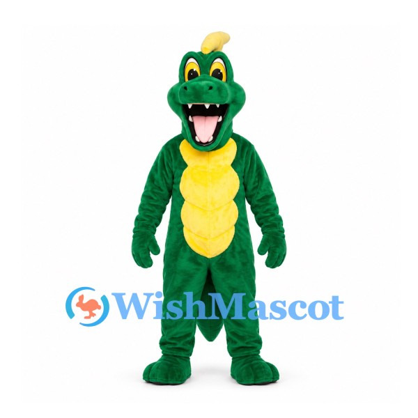 Crocodile Mascot Costume in Green with Yellow Belly and Back Spikes