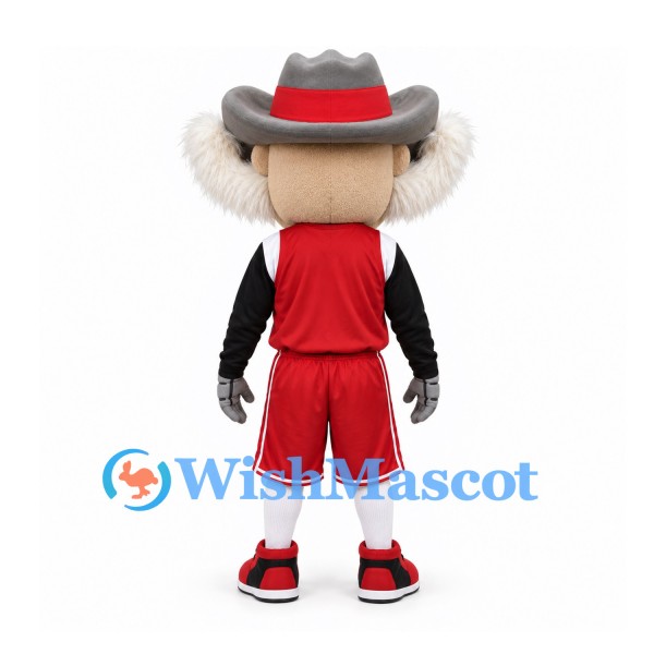 Cowboy Mascot Costume with Gray Hat and Red Basketball Uniform