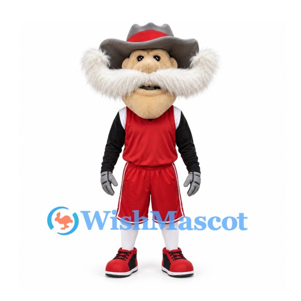 Cowboy Mascot Costume with Gray Hat and Red Basketball Uniform