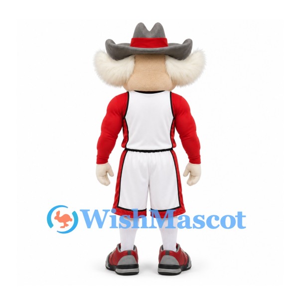 Cowboy Mascot Costume with Gray Hat and White Basketball Uniform