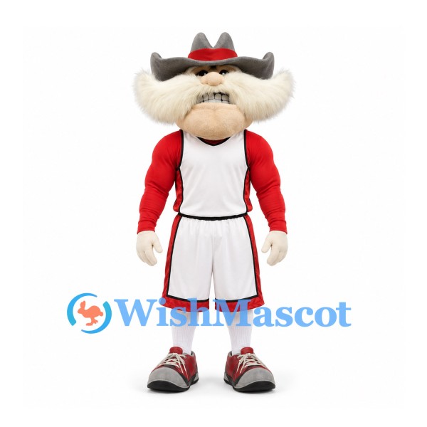 Cowboy Mascot Costume with Gray Hat and White Basketball Uniform