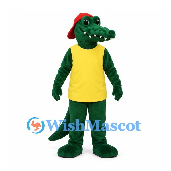 Crocodile Mascot Costume with Yellow Shirt and Red Cap