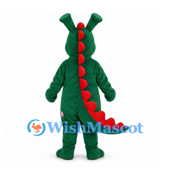 Dragon Mascot Costume in Green with Yellow Belly and Red Spines