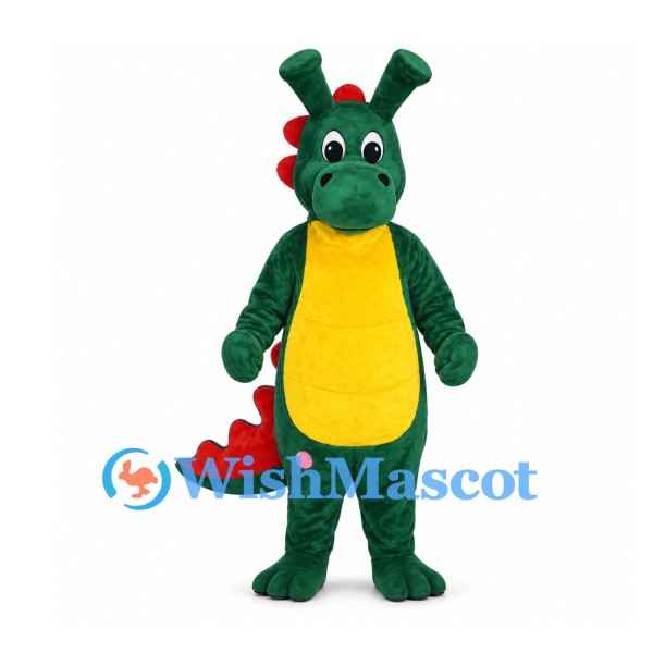 Dragon Mascot Costume in Green with Yellow Belly and Red Spines