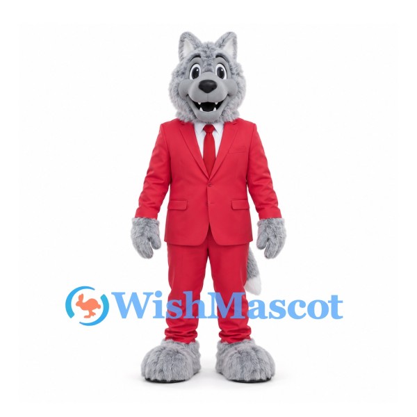 Wolf Mascot Costume with Red Suit and White Tie
