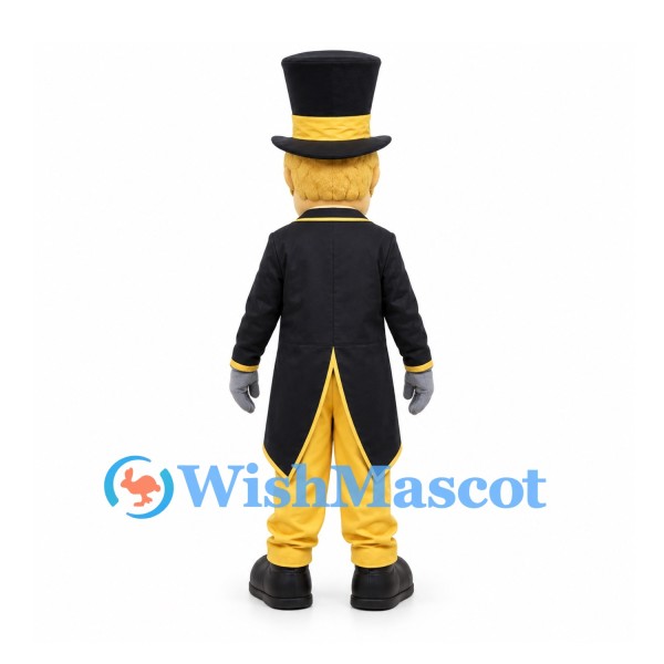 Gentleman Mascot Costume with Black Tailcoat and Yellow Waistcoat