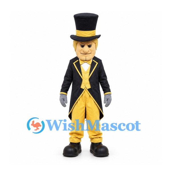 Gentleman Mascot Costume with Black Tailcoat and Yellow Waistcoat