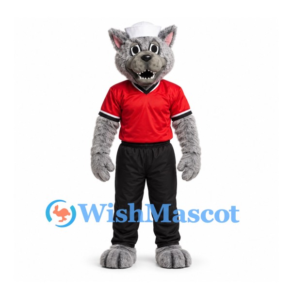 Wolf Mascot Costume with Red Sports Shirt and Black Pants