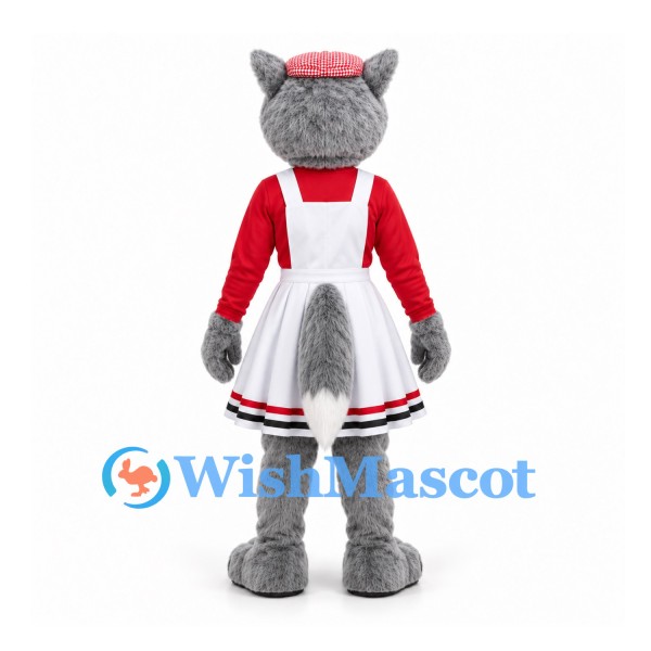 Wolf Mascot Costume with White Apron Dress and Red Blouse