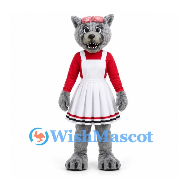 Wolf Mascot Costume with White Apron Dress and Red Blouse