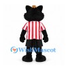Cat Mascot Costume in Black with Red Nose and Striped Soccer Shirt