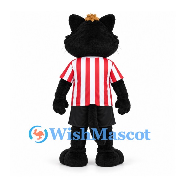 Cat Mascot Costume in Black with Red Nose and Striped Soccer Shirt