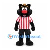 Cat Mascot Costume in Black with Red Nose and Striped Soccer Shirt