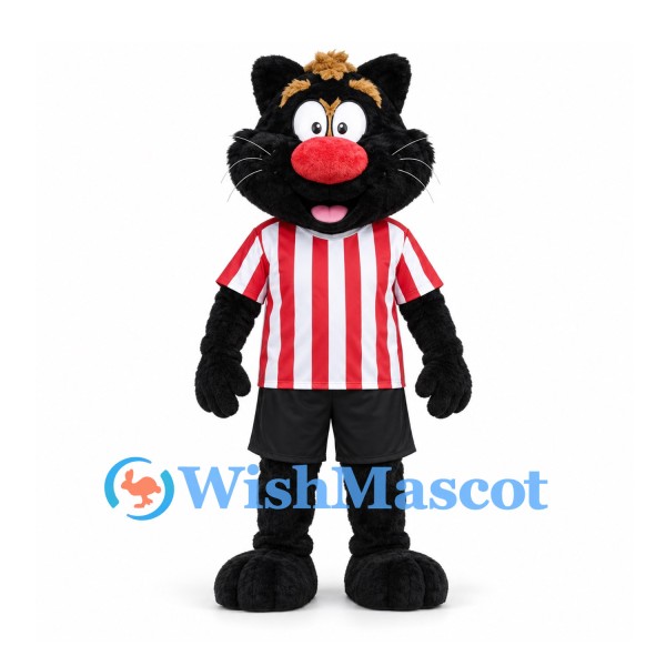 Cat Mascot Costume in Black with Red Nose and Striped Soccer Shirt