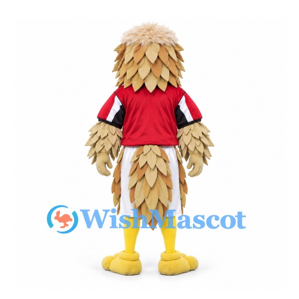 Eagle Mascot Costume with Layered Tan Feathers and Red Sports Shirt