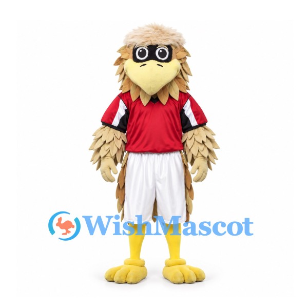 Eagle Mascot Costume with Layered Tan Feathers and Red Sports Shirt