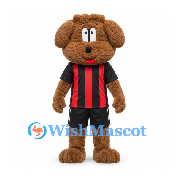 Dog Mascot Costume with Red Black Striped Soccer Uniform