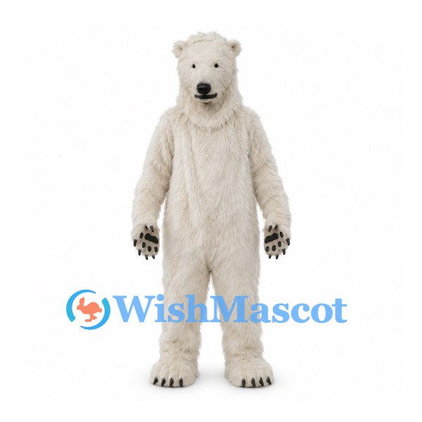 Bear Mascot Costume in Cream with Long Fur and Black Paw Pads
