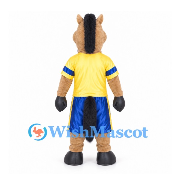 Horse Mascot Costume with Yellow Sports Shirt and Blue Shorts