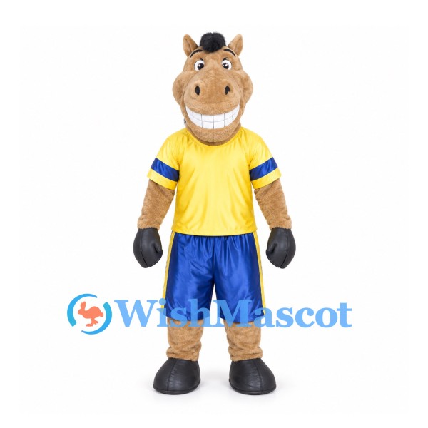 Horse Mascot Costume with Yellow Sports Shirt and Blue Shorts