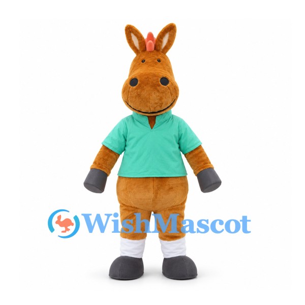 Horse Mascot Costume in Brown with Turquoise Shirt